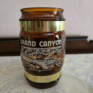 Vintage Siesta Ware amber glass barrel mug with a Grand Canyon, Arizona design.